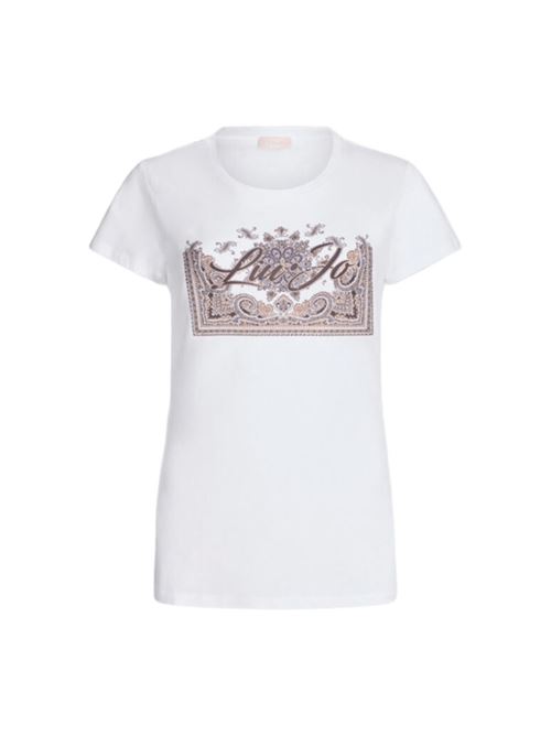 T-shirt da donna in cotone a maniche corte con logo e strass, colore bianco LIU JO | MF5456-JS923P9172
